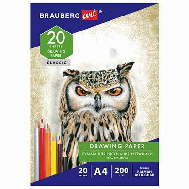 Бумага для рисования и графики в папке А4, 20 л., 200 г/м2, ВАТМАН ГОЗНАК, BRAUBERG ART CLASSIC, 114492 (арт. 114492)