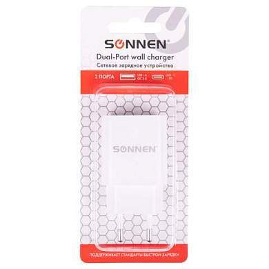 Зарядное устройство быстрое сетевое (220 В) SONNEN, USB QC 3.0 + Type-C PD 20 Вт, 3 А, белое, 455505 (арт. 455505)