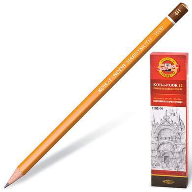 Карандаш чернографитный KOH-I-NOOR 1500, 1 шт., 4H, корпус желтый, заточенный, 150004H01170 (арт. 180479)