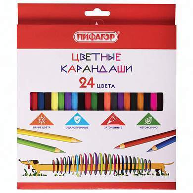Карандаши цветные ПИФАГОР "Веселая такса", 24 цвета, шестигранные, натуральное дерево, 181808 (арт. 181808)