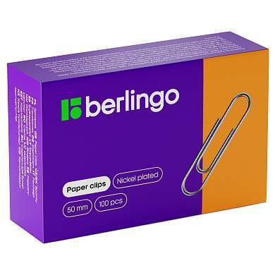 Скрепки 50мм, Berlingo, 100шт., никелированные, карт. упаковка (арт. 116000)