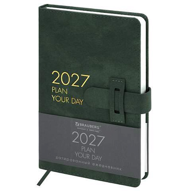 Ежедневник датированный 2027, А5, 138х213 мм, BRAUBERG "Trace", под кожу, ремешок, зеленый, 117999 (арт. 117999)