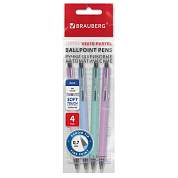 Ручки шариковые автоматические BRAUBERG "VIVID PASTEL", СИНИЕ, НАБОР 4 ШТУКИ, soft-touch, пишущий узел 0,7 мм, линия письма 0,35 мм, 144408 (арт. 144408)