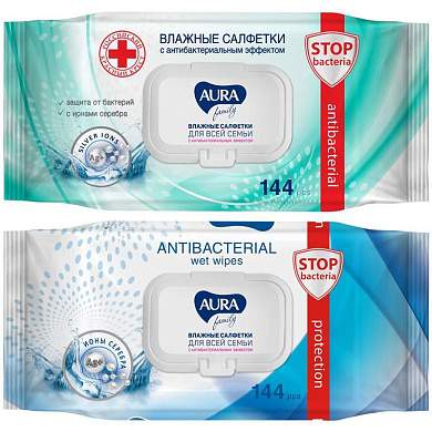 Салфетки влажные Aura "FAMILY", big-pack с крышкой, 15*14см, 144шт., антибактериальные (арт. 319478)