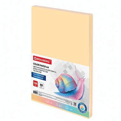 Бумага цветная BRAUBERG, А4, 80 г/м2, 100 л., пастель, оранжевая, для офисной техники, 112448 (арт. 112448)
