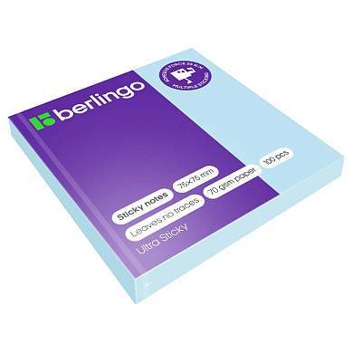 Самоклеящийся блок Berlingo "Ultra Sticky", 75*75мм, 100л., пастель, голубой (арт. 270295)