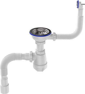 Aquant Сифон для кухни 3 1/2''х40 с метал.решеткой, круглый перелив, гибк.труба 40х40/50, B0139-12-MR (арт. 876683)