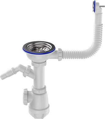 Aquant Сифон для кухни 3 1/2''х40 с метал.решеткой,отвод для стир.машины,круглый перелив, B0141-13-MR (арт. 876399)