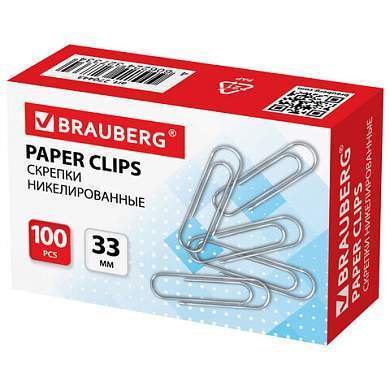 Скрепки BRAUBERG, 33 мм, никелированные, 100 шт., в картонной коробке, 270443 (арт. 270443)