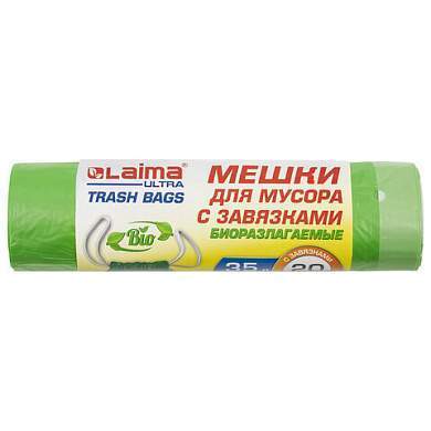 Мешки для мусора биоразлагаемые с завязками LAIMA "ULTRA" 35 л, рулон 20 шт., прочные, ПНД 14 мкм, 50х60 см, 607688 (арт. 607688)