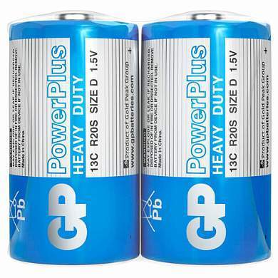 Батарейки КОМПЛЕКТ 2 шт., GP PowerPlus D (13C), солевые, в пленке, 13CEBRA-2S2 (арт. 457759)