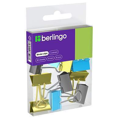 Зажимы для бумаг 19мм, Berlingo, 10шт., цветные, ПВХ упак., европодвес, голубой+золотой (арт. 330195)