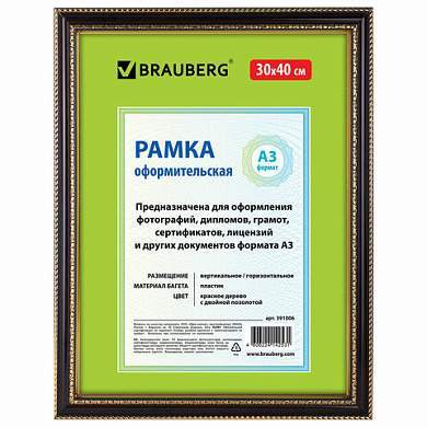 Рамка 30х40 см, пластик, багет 30 мм, BRAUBERG "HIT4", красное дерево с двойной позолотой, стекло, 391006 (арт. 391006)