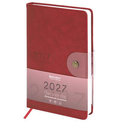 Ежедневник датированный 2027, А5, 138х213 мм, BRAUBERG "Solana", под кожу, кнопка, бургунди, 118219 (арт. 118219)