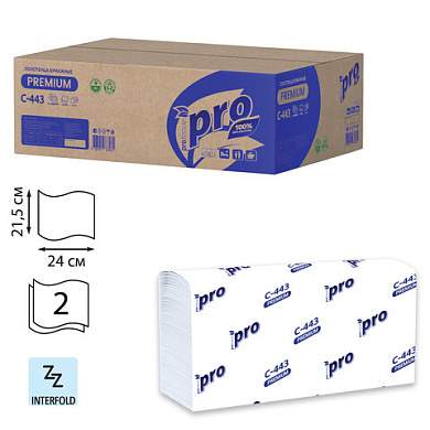 Полотенца бумажные 190 шт., PROtissue (H2) PREMIUM, 2-слойные, белые, КОМПЛЕКТ 21 пачка, 24х21,5 см, Z-сложение, С443 (арт. 118800)