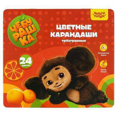 Карандаши цветные Мульти-Пульти "Чебурашка", 24цв., трехгран., заточен., метал. пенал (арт. 357203)