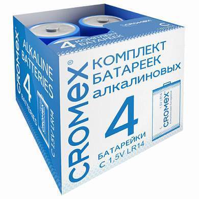 Батарейки алкалиновые КОМПЛЕКТ 4 шт., CROMEX Alkaline, C (LR14, 14А), короб, 456455 (арт. 456455)