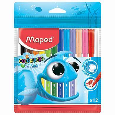 Фломастеры MAPED "Color'Peps Ocean", 12 цветов, смываемые, вентилируемый колпачок, упаковка, европодвес, 845720 (арт. 150764)