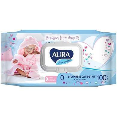 Салфетки влажные Aura "Ultra comfort", 100шт., детские, с алоэ, очищающие, без спирта, клапан (арт. 270362)