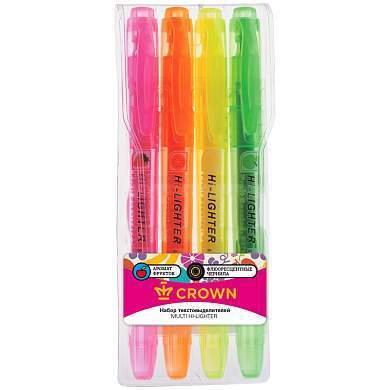 Набор текстовыделителей Crown "Multi Hi-Lighter Aroma" 04цв., 1-4мм, ароматиз., чехол с европодвесом (арт. 207921)