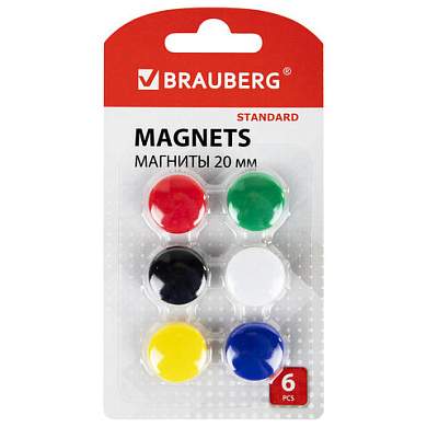 Магниты МАЛОГО ДИАМЕТРА 20 мм, НАБОР 6 шт., ассорти, BRAUBERG "STANDARD", 237469 (арт. 237469)