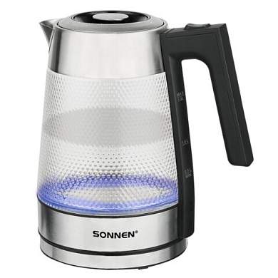 Чайник электрический SONNEN KT-1809, 1,8л, 2200 Вт, термостойкое стекло текстура ромб, внутренняя подсветка синяя, нержавеющая сталь, 455142 (арт. 455142)
