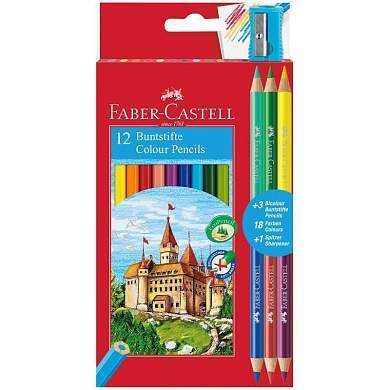 Карандаши цветные Faber-Castell "Замок", 12цв., шестигр., заточ.+6цв.+точилка, картон, европодвес (арт. 286620)