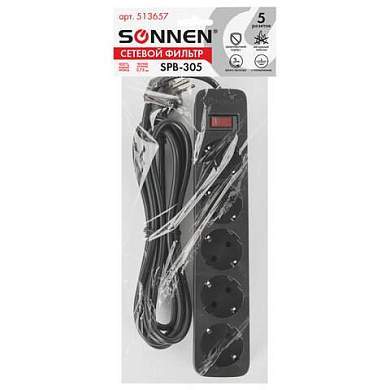 Сетевой фильтр SONNEN SPB-305, 5 розеток с заземлением, выключатель, 10 А, 3 м, черный, 513657 (арт. 513657)