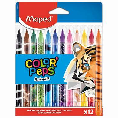 Фломастеры MAPED "Animals" 12 цветов, смываемые, вентилируемый колпачок, 845403 (арт. 152643)