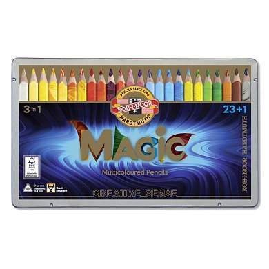 Карандаши с многоцветным грифелем Koh-I-Noor "Magic", 23цв.+ карандаш-блендер, утолщенные, заточен., метал. пенал (арт. 291295)