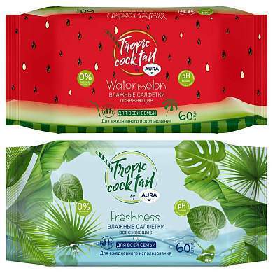 Салфетки влажные Aura "Tropic coctail", 60шт., освежающие (арт. 229649)