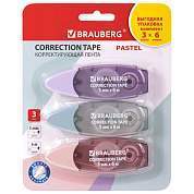 Корректирующая лента BRAUBERG PASTEL, 5 мм х 6 м, ВЫГОДНАЯ УПАКОВКА 3 штуки в блистере, 272658 (арт. 272658)