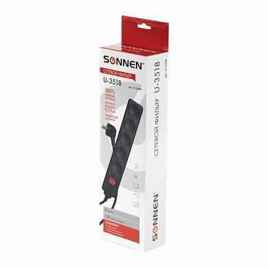 Сетевой фильтр SONNEN U-3518, 5 розеток, с заземлением, выключатель, 10 А, 1,8 м, черный, 513488 (арт. 513488)