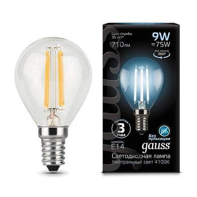 Gauss Filament Шар G45 E14 9W(710lm) 4100K 4K прозр. 80x45 филамент (нитевидная) 105801209 (арт. 650796)