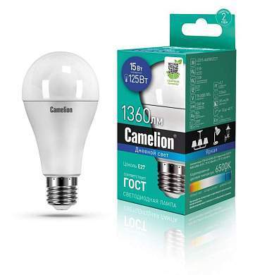Camelion ЛОН A60 E27 15W(1320lm 270°) 6500K 6K матов. 120x60 пластик LED15-A60/865/E27 (арт. 646245)