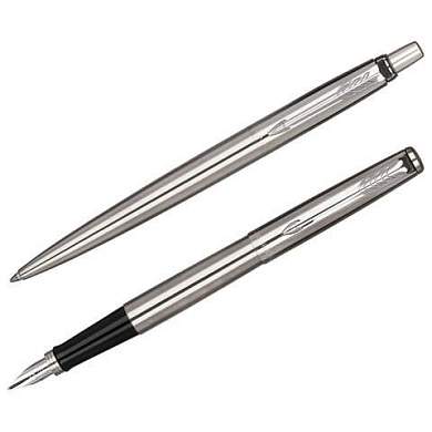 Набор PARKER "Jotter Stainless Steel GT": шариковая ручка синяя и перьевая ручка синяя, 2093258 (арт. 144361)