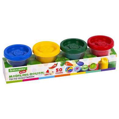 Пластилин-тесто для лепки BRAUBERG KIDS, 4 цвета, 200 г, яркие классические цвета, крышки-штампики, 106714 (арт. 106714)