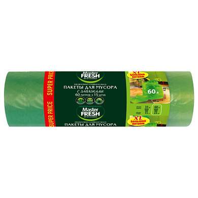 Мешки для мусора 60 л, с завязками, 70х60 см, XL, зеленые, 14 мкм, 15 шт., MASTER FRESH (арт. 703068)