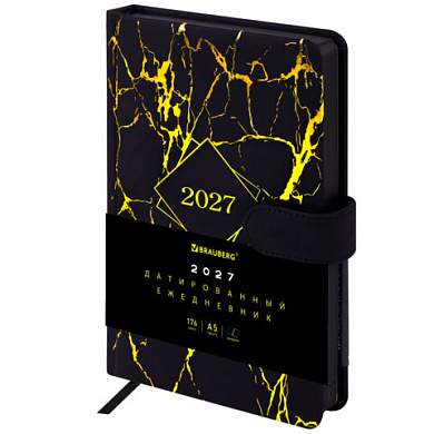 Ежедневник датированный 2027, А5, 138x213 мм, BRAUBERG "Goldy", под кожу, магнитная застежка, цветной срез, черный, 117898 (арт. 117898)