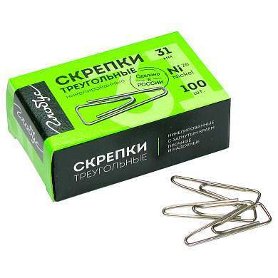 Скрепки 31мм, Globus, 100шт., никелированные треугольные, с отогнутым носиком, карт. упаковка (арт. 323941)