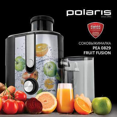 Соковыжималка POLARIS PEA 0829 Fruit Fusion, 800 Вт, стакан 0,35 л, емкость жмыха 1 л, пластик, сталь/черный, 15935 (арт. 456738)