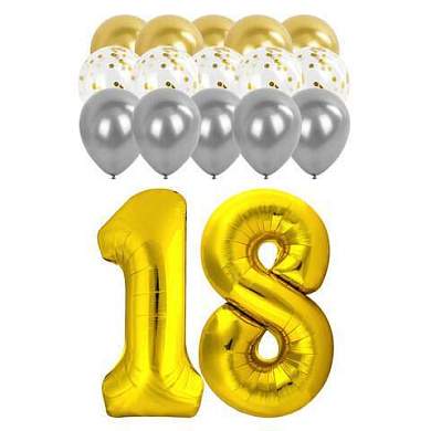 Шары воздушные НАБОР ДЛЯ ДЕКОРА "18 лет", 17 шаров, золото/серебро, BRAUBERG, 591900 (арт. 591900)