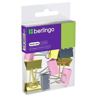 Зажимы для бумаг 19мм, Berlingo, 10шт., цветные, ПВХ упак., европодвес, розовый+золотой (арт. 330194)