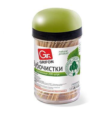 Зубочистки деревянные (береза) 200шт/пласт.баночка, цена за 1баночку, кратно 4!!! 400-003 GRIFON (арт. 688388)