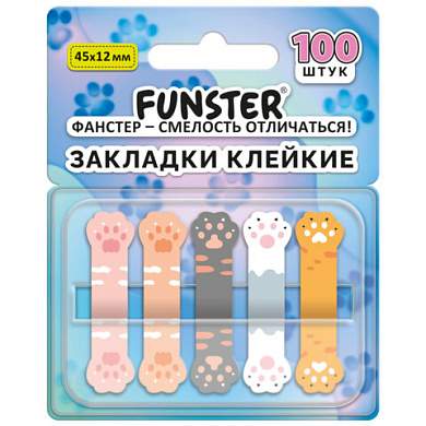 Закладки клейкие Z-сложения FUNSTER (ФАНСТЕР) "Лапки котов", 45х12 мм, 100 шт. (5 цветов х 20 листов), в диспенсере, 116691 (арт. 116691)