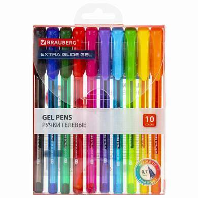 Ручки гелевые BRAUBERG "Extra Glide Gel", НАБОР 10 ЦВЕТОВ, трехгранные, игольчатый наконечник 0,7 мм, линия 0,5 мм, 144079 (арт. 144079)