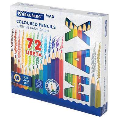 Карандаши цветные супермягкие яркие BRAUBERG MAX, 72 цвета, шестигранные, грифель 3,3 мм, натуральное дерево, 181861 (арт. 181861)