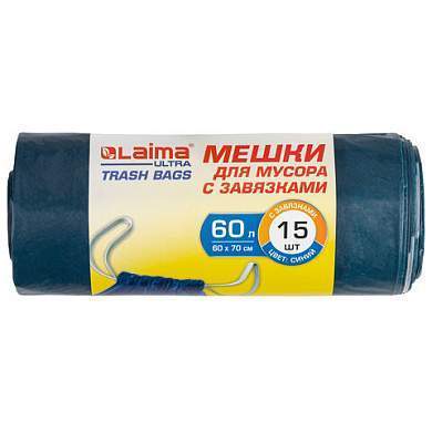 Мешки для мусора с завязками LAIMA "ULTRA", 60 л, синие, рулон 15 шт., особо прочные, ПСД 30 мкм, 60х70 см, 607696 (арт. 607696)