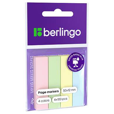 Флажки-закладки Berlingo 12*50мм, 100л*4 пастельных цвета, европодвес (арт. 254410)