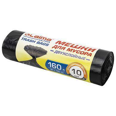 Мешки для мусора LAIMA "ULTRA" 160 л черные, рулон 10 шт. прочные, ПВД 30 мкм, 90х120 см, 607694 (арт. 607694)